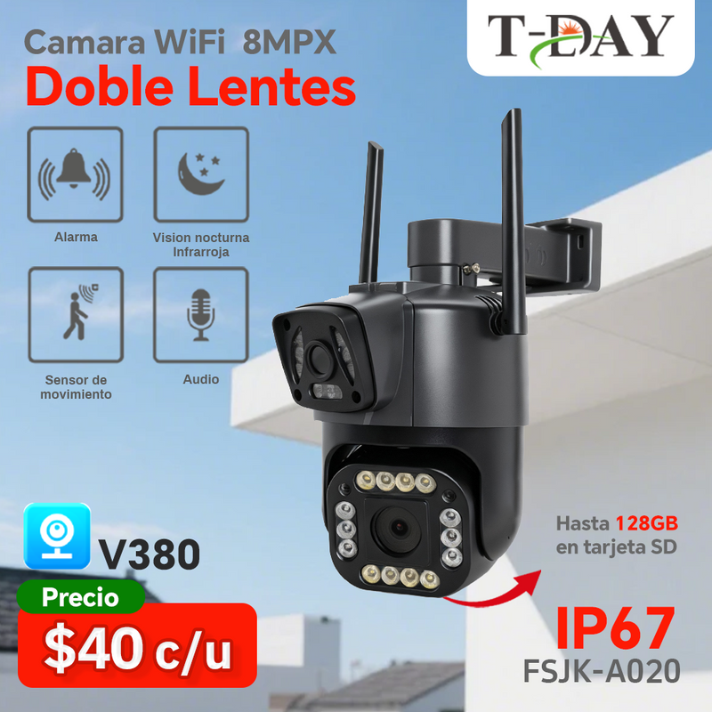 T-DAY Cámara WIFI Exterior Doble Lente 4MP IP67