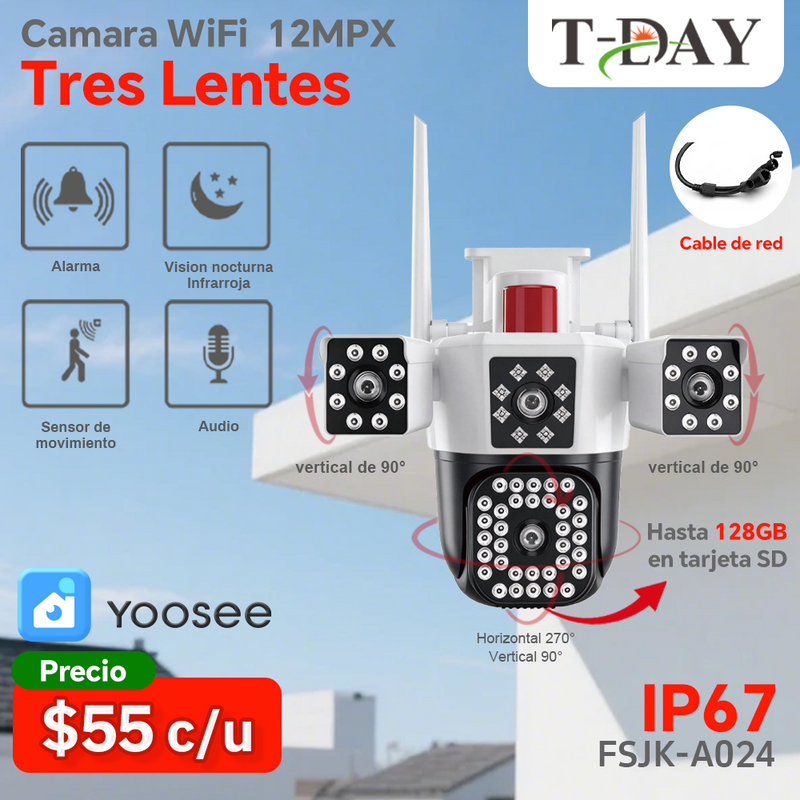 T-DAY Cámara WiFi 12MPX Tres Lentes Yoosee – Visión Nocturna y Audio