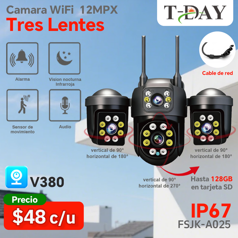 T-DAY Cámara WiFi 12MPX Triple Lente V380 – Monitoreo Exterior 270°
