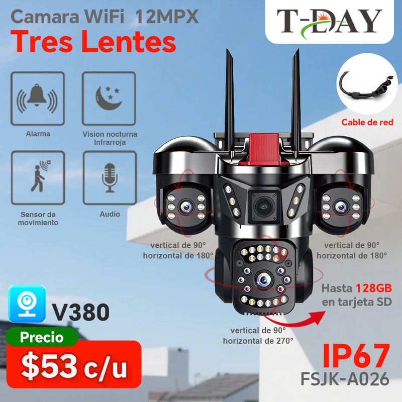 T-DAY Cámara WiFi 12MPX Tres Lentes V380 – Doble Antena y Cable de Red