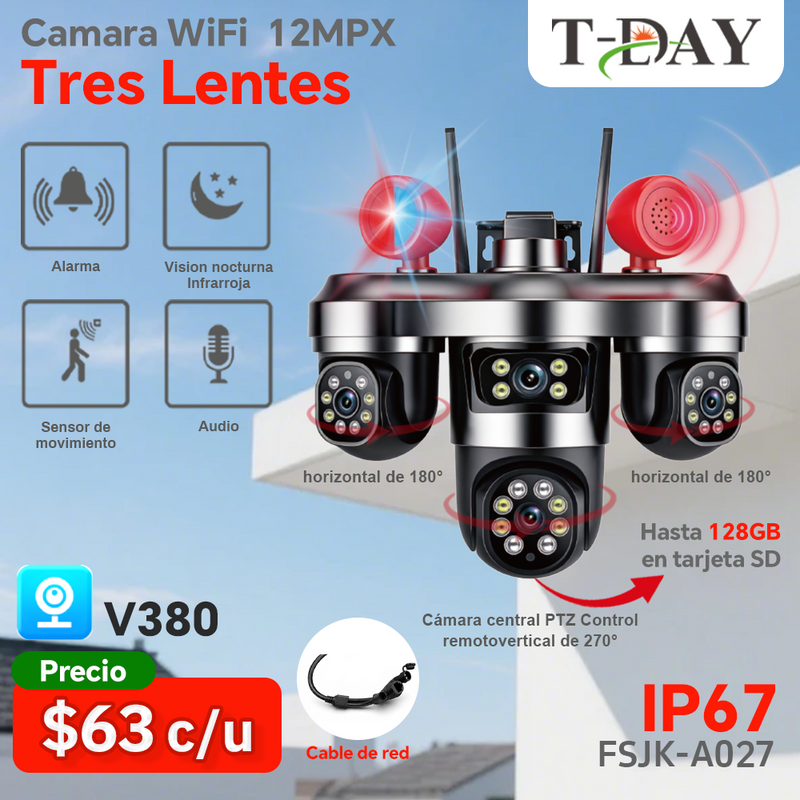 T-DAY Cámara WiFi 12MPX Triple Lente V380 – Alarma Visual y Control PTZ