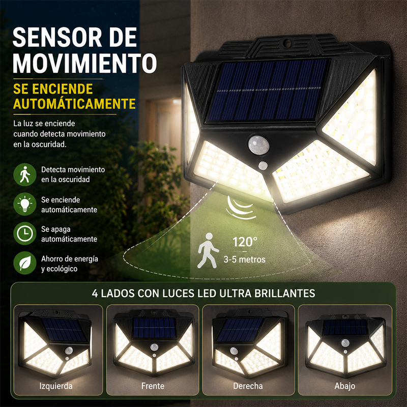 T-DAY Luz Solar con Clip 100 LED 4 Lados con Sensor de Movimiento - Blanca
