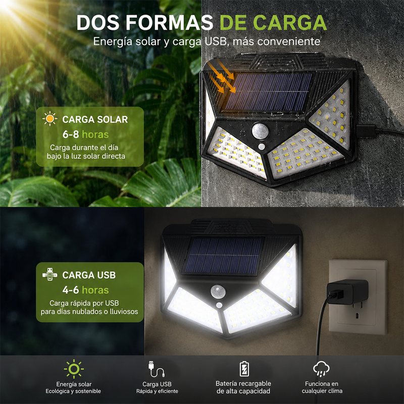 T-DAY Luz Solar con Clip 100 LED 4 Lados con Sensor de Movimiento - Blanca