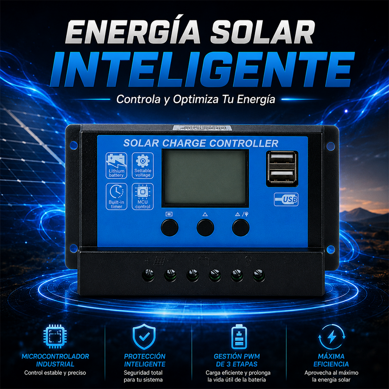T-DAY Controlador de Carga Solar PWM 10A 12V/24V con Puerto USB