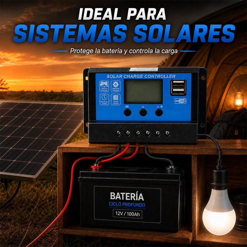 T-DAY Controlador de Carga Solar PWM 10A 12V/24V con Puerto USB