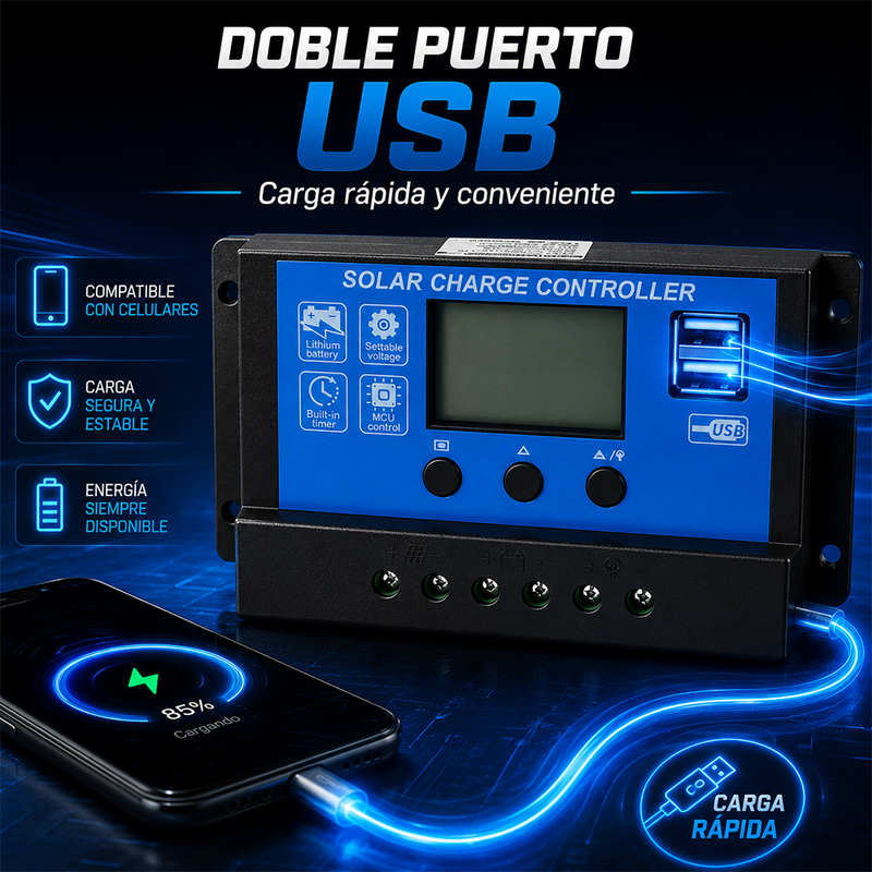 T-DAY Controlador de Carga Solar PWM 10A 12V/24V con Puerto USB