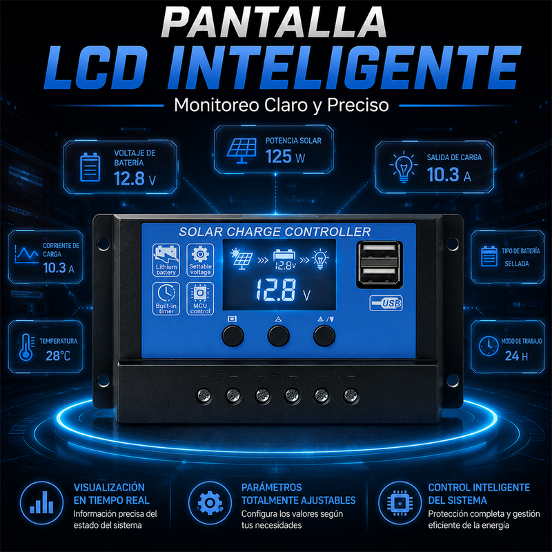 T-DAY Controlador de Carga Solar PWM 10A 12V/24V con Puerto USB