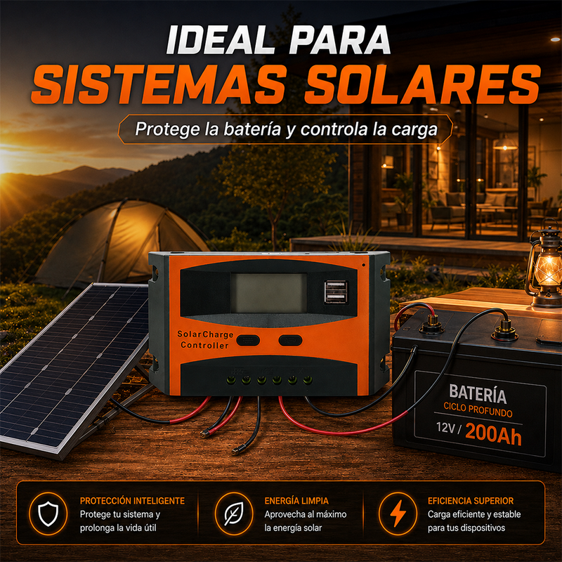 T-DAY Controlador de Carga Solar PWM 30A 12V/24V con Puerto USB