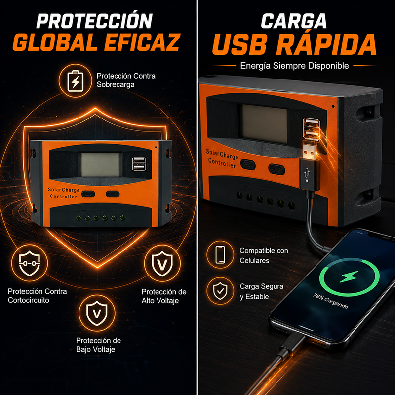 T-DAY Controlador de Carga Solar PWM 30A 12V/24V con Puerto USB