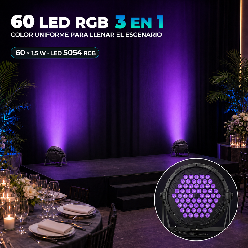 Lámpara PAR LED RGB 60 Luces DMX512 con Control por Sonido