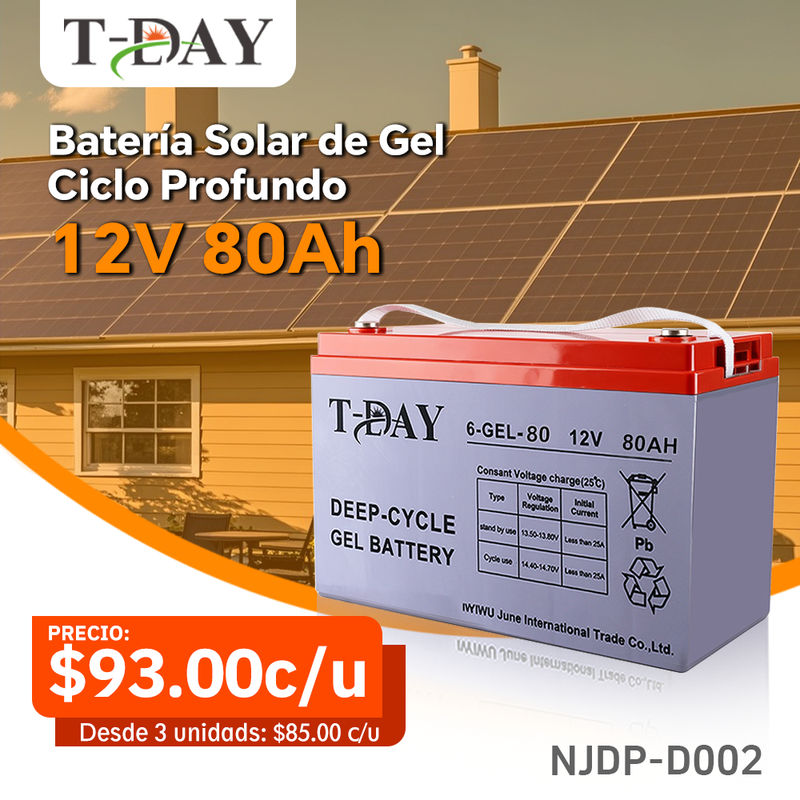 T-DAY Batería Solar de Gel de Ciclo Profundo 12V 80Ah