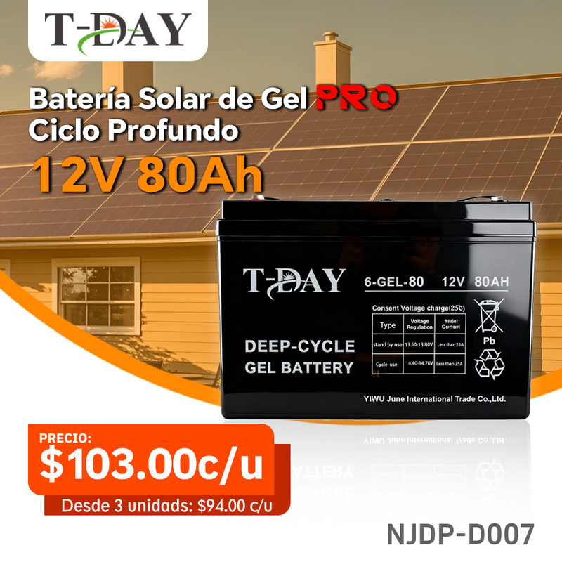 T-DAY Batería Solar de Gel de Ciclo Profundo 12V 80Ah Pro