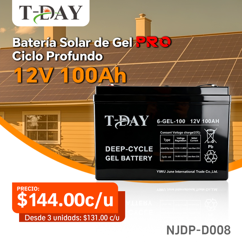 T-DAY Batería Solar de Gel de Ciclo Profundo 12V 100Ah Pro