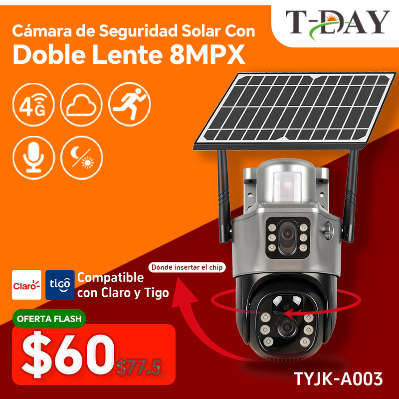 T-DAY 4G Cámara de seguridad solar Con doble lente