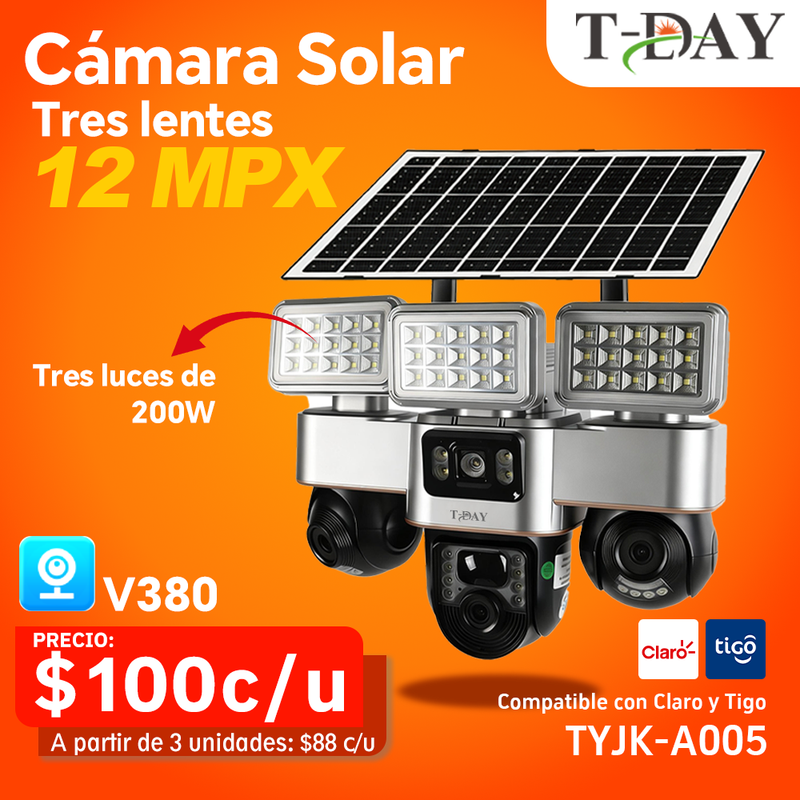 T-DAY Cámara Solar 4G (12MPX) - 3 lentes con 3 luces de 200W - IP67