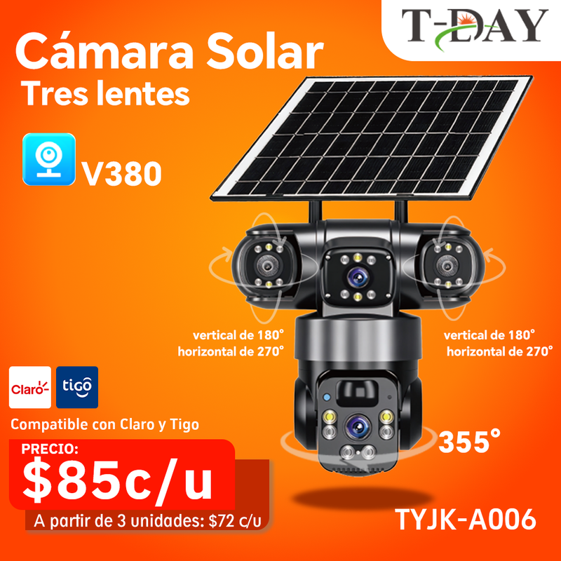 T-DAY Cámara Solar 4G V380 Tres Lentes (3x 3MP Detección Humana AI)