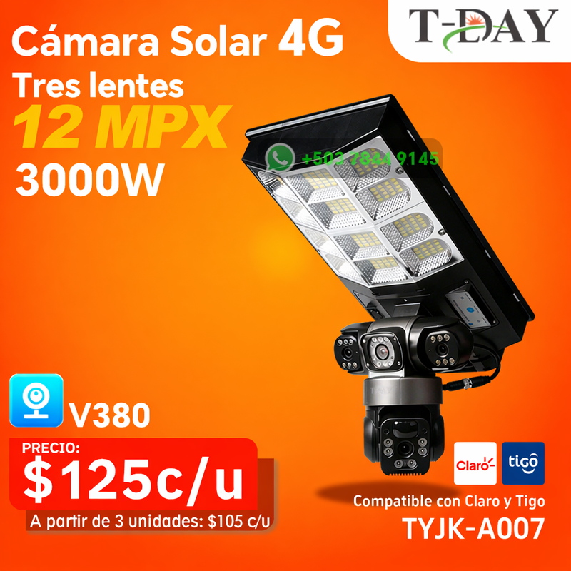 T-DAY Cámara 4G V380 Tres Lentes 12MPX con Lámpara Solar 3000W