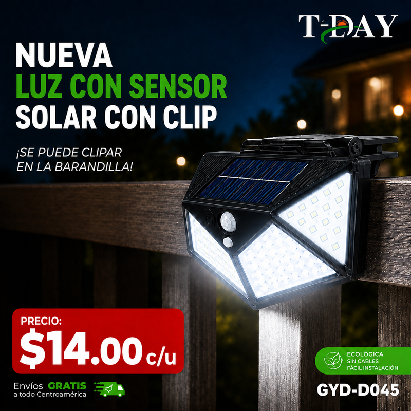 T-DAY Luz Solar con Clip 100 LED 4 Lados con Sensor de Movimiento - Blanca