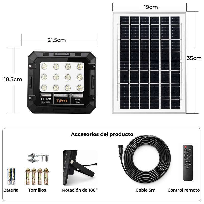 T-DAY Reflector Solar de 400W en ABS con funcionalidad completa